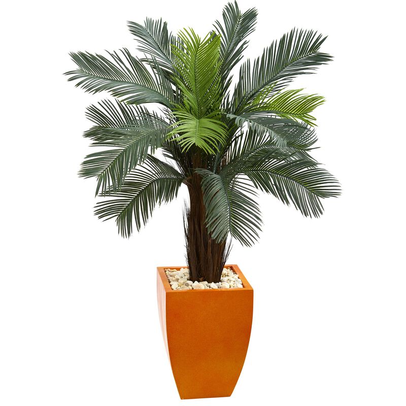Hivvago 4.5 Feet Cycas Artificial Tree in Orange Planter UV Resistant (Indoor/Outdoor)
