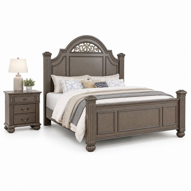 Queen Bedroom Set, Gray, Brass, Clear Wood, 2 Piece Set with Nightstand image number 0