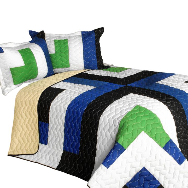 3PC Patchwork Quilt Bedding Set with Vermicelli Stitching Design