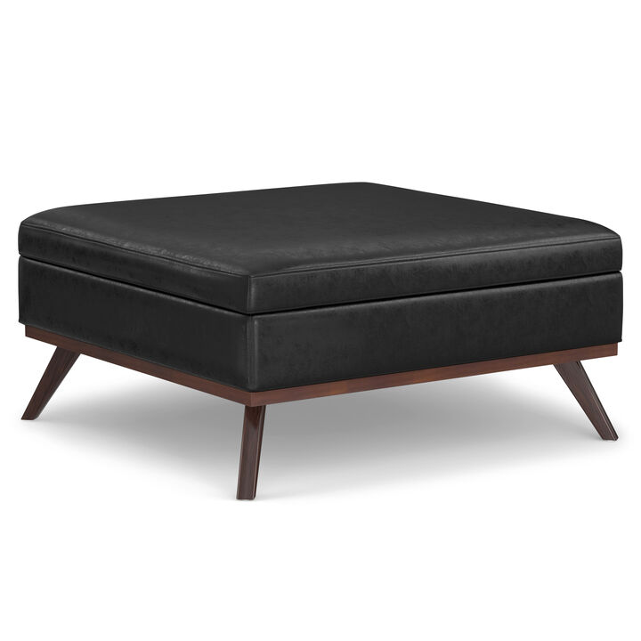 Owen 40 inch Wide Mid Century Modern Square XL Coffee Table Storage Ottoman in Distressed Black Vegan Faux Leather, Assembled