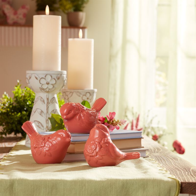 Set of 6 Ceramic Bird Figurines with Floral Design for Home or Shelf Decor