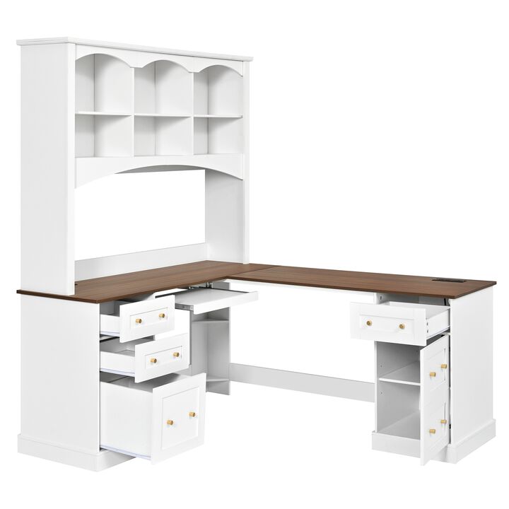 Merax Corner L-Desk with Built-In Power Strips, File Drawer & Concealed Cabinet