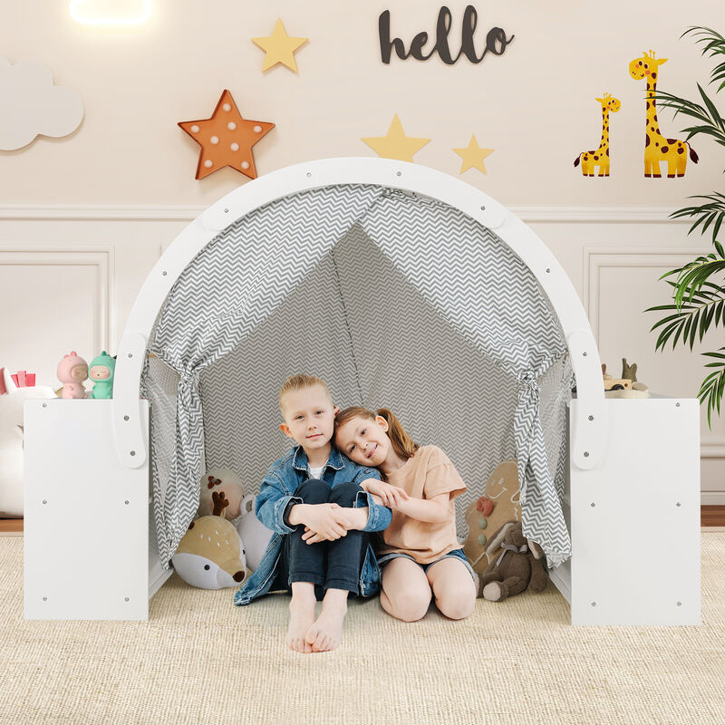 Kids Indoor Playhouse Tent with Curtain Doors and 8 Cubbies &ndash; Wooden Frame Construction