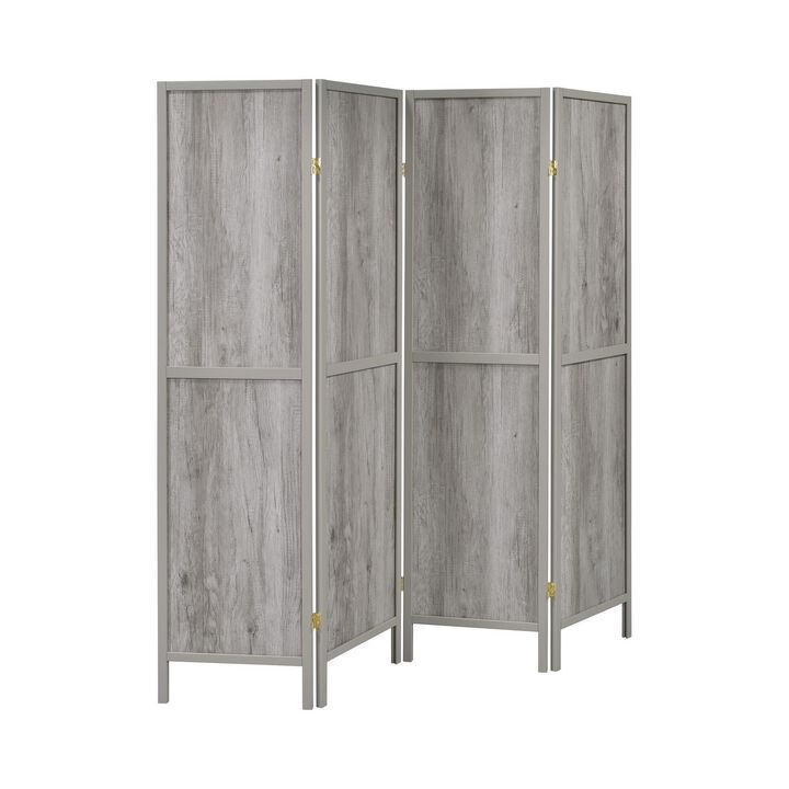 70 Inch Modern 4 Panel Folding Screen Room Divider, Rustic Gray Wood Finish - Benzara