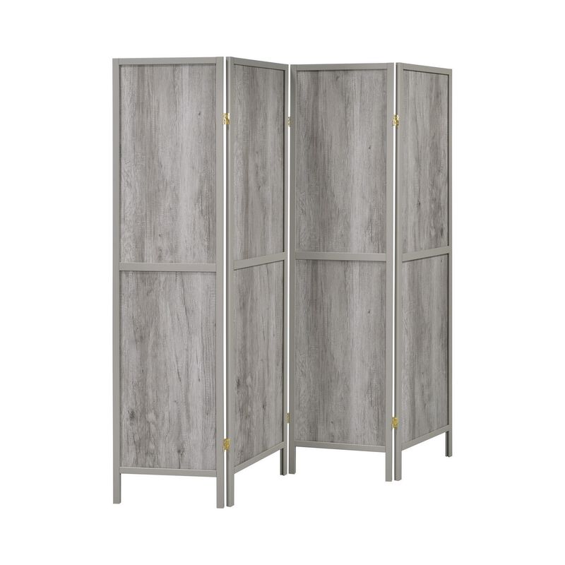 70 Inch Modern 4 Panel Folding Screen Room Divider, Rustic Gray Wood Finish - Benzara