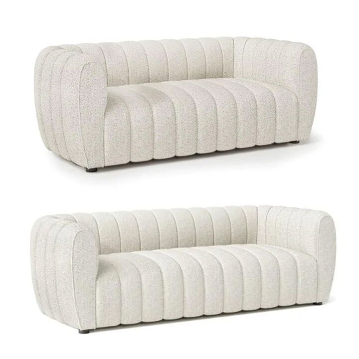 Hery Sofa and Loveseat Set, White Boucle, Vertical Channel Tufting
