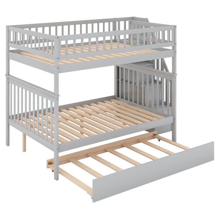Whisen Full over Full Wood Bunk Bed with Trundle and Storage Staircase - Gray