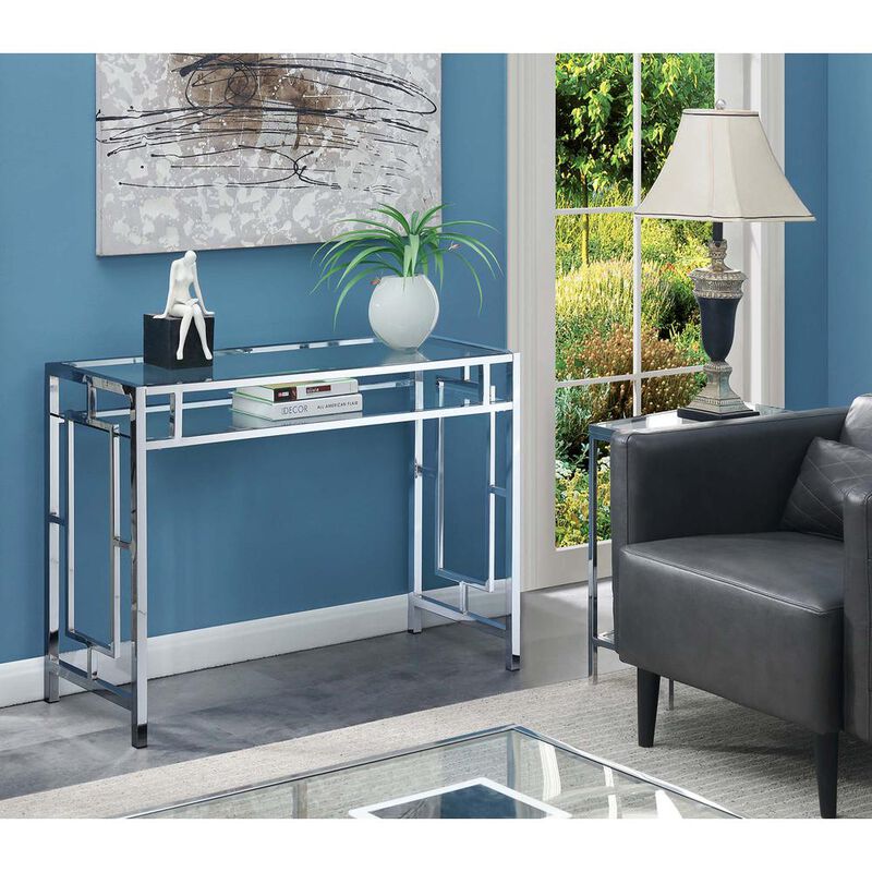 Convenience Concepts Town Square Chrome Desk With Shelf, Clear Glass/Chrome Frame