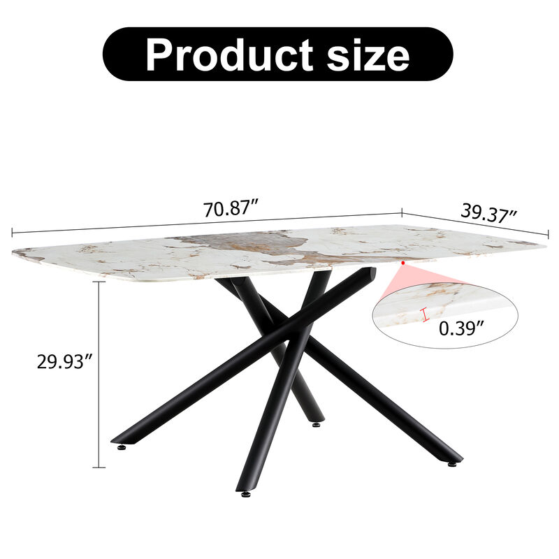 Hivvago 68 Seater Modern Kitchen Dining Table Rectangular Marble Glass Table Top with Metal Legs