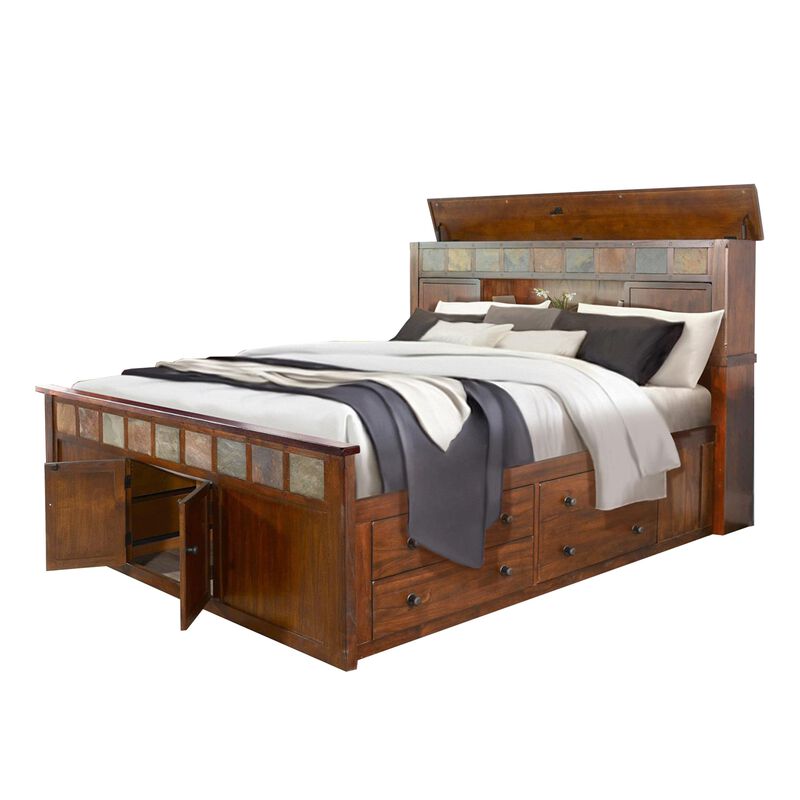 Odell Queen Size Bed w Storage Footboard, Bookcase Headboard, Brown