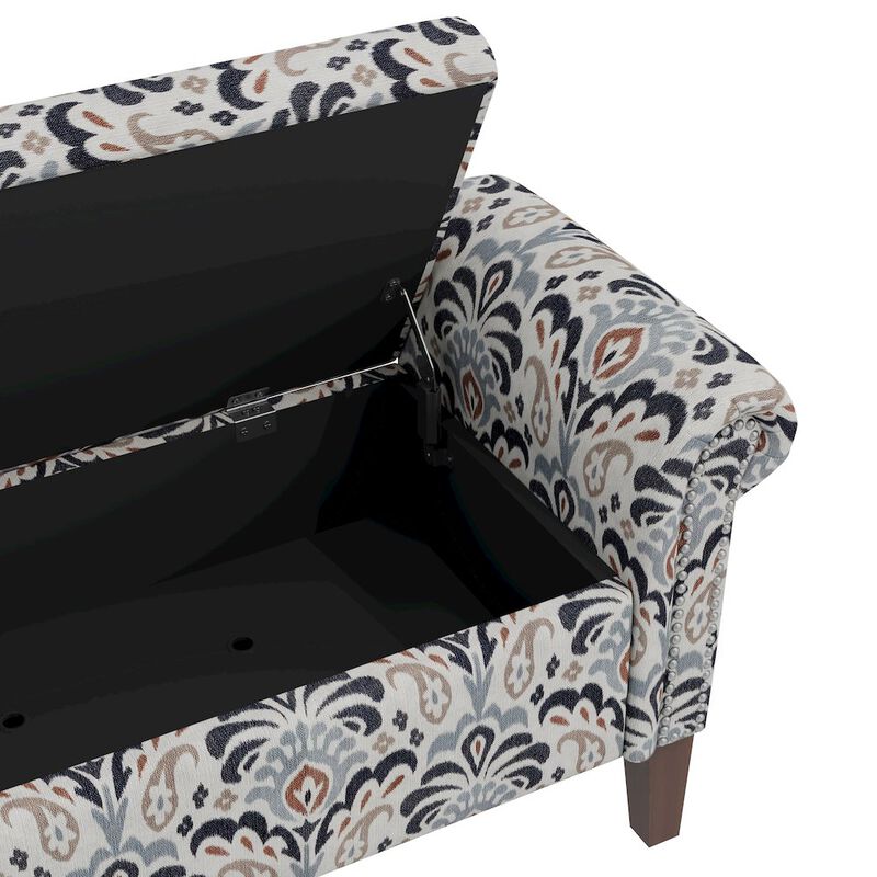 HL Home Furnishings Rolled Arm Storage Ottoman in Gray and Black Damask
