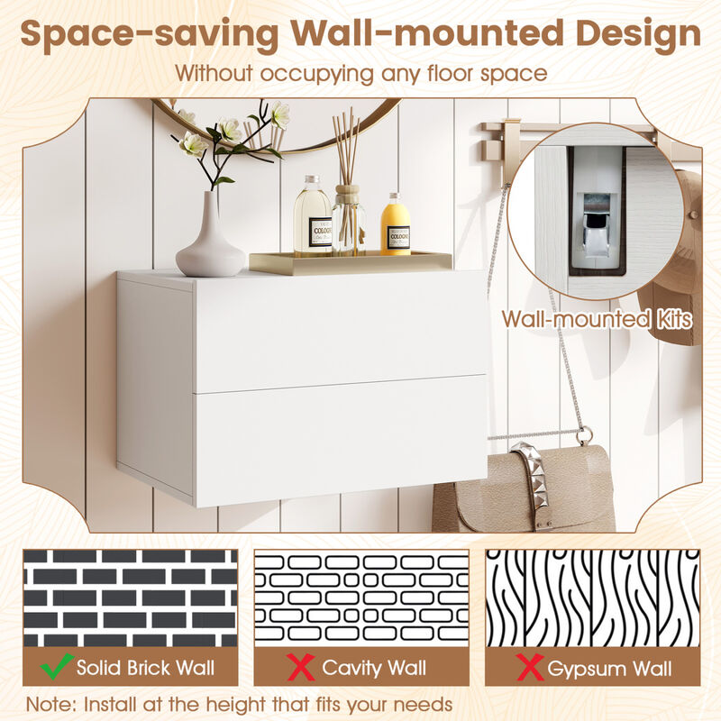 Floating Nightstand with 2 Drawers Wall Mounted Bedroom Bedside Table image number 3