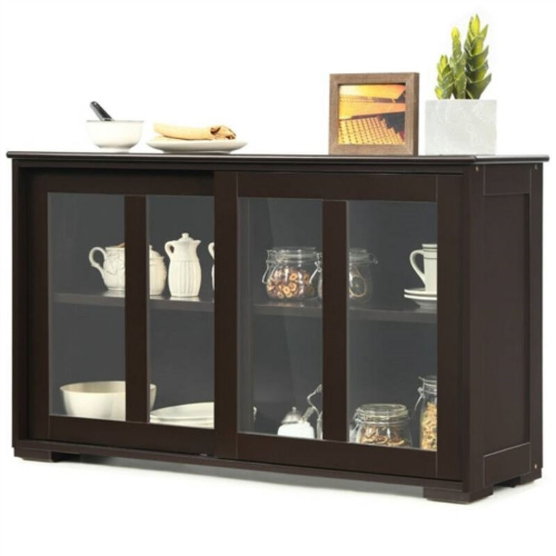 Dining Room Buffet Sideboard &ndash; Wood Storage Cabinet with Glass Sliding Door for Kitchen Organization