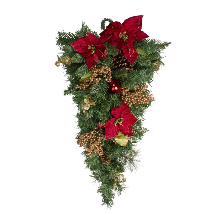 32" Pine and Poinsettias Artificial Christmas Teardrop Swag - Unlit