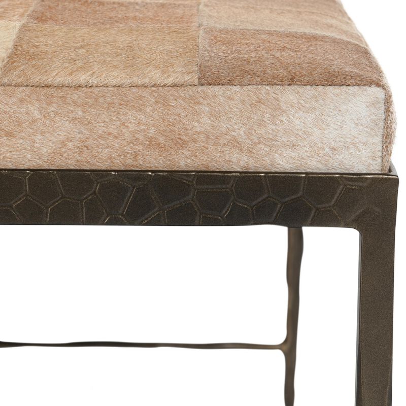 Leif Ottoman Bench with Brown Patchwork Leather Hide, Iron 28 Inch - Benzara