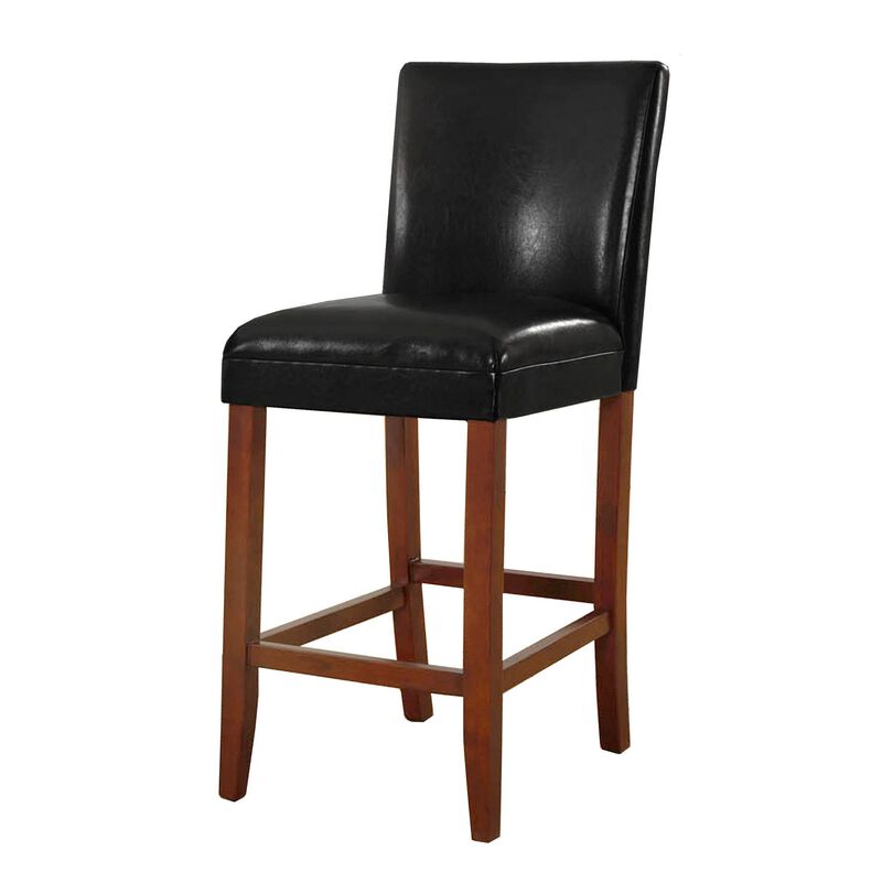 Wooden 29 Inch Bar Stool with Faux Leather Padded Seat and Tapered Feet, Black and Brown
