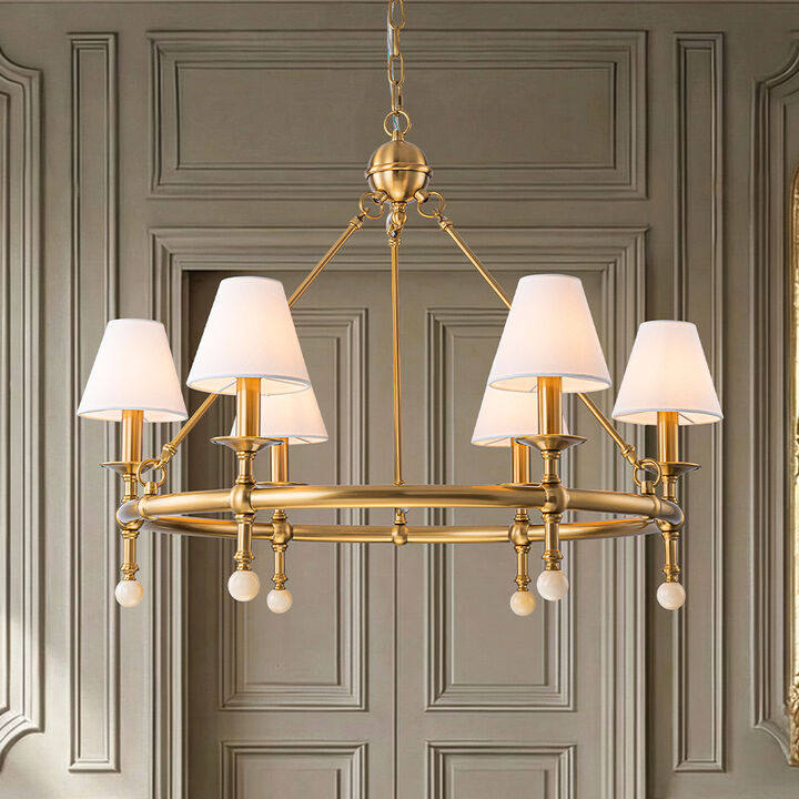 6-Light W34 Inch Warm Brass Statement Chandelier Unique Classic Lighting with White Fabric Lamp Shades and Alabaster Finials for Dining Room Living Room