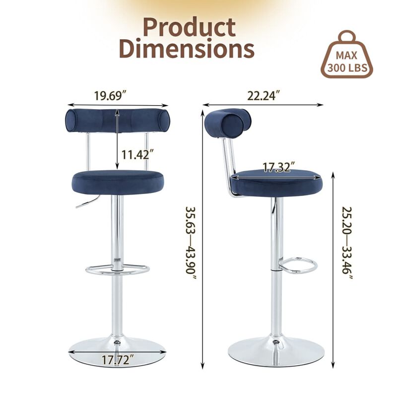 Set of 2 swivel bar stools, velvet upholstered adjustable height bar chair with open back, chrome base counter stools with footrest image number 2