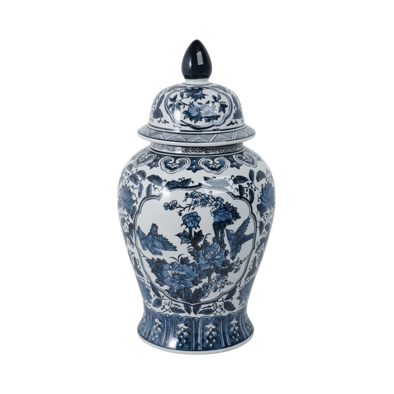Cer, 18"h Flowers Temple Jar, Blue image number 0