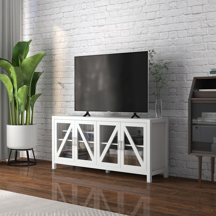 TV Cabinet Stand for TVs up to 58", Entertainment Center with Adjustable Shelves, 4 Glass Doors and 4 Cable Holes for Living Room, White