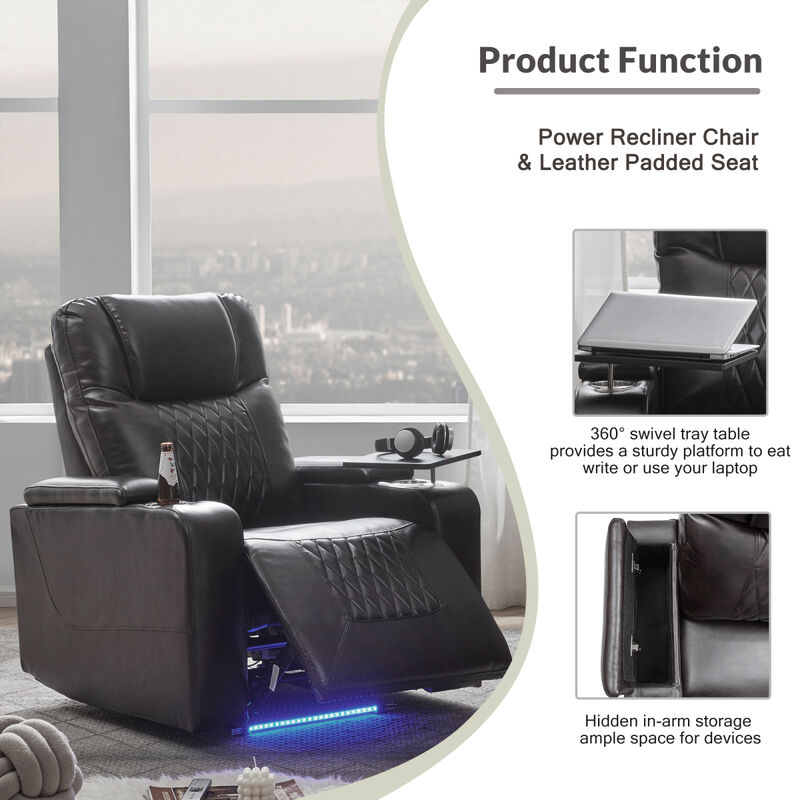Power Motion Recliner with USB Charging Port and Hidden Arm Storage 2 Convenient Cup Holders Design and 360 Swivel Tray Table