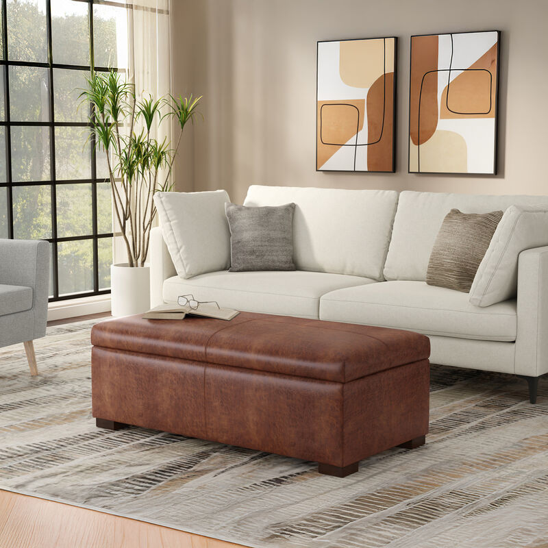 Gabbie 48 inch Wide Contemporary Rectangle Rectangular Storage Ottoman in Distressed Saddle Brown Vegan Faux Leather, Assembled image number 2