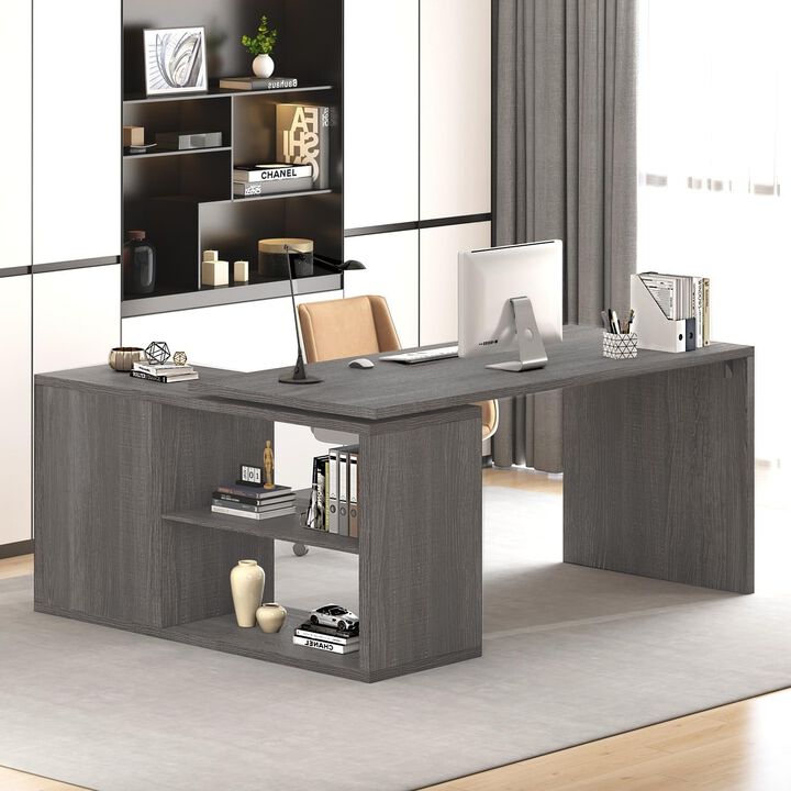 Top True Wood L-Shaped Corner Desk with Open Shelves for Home Office