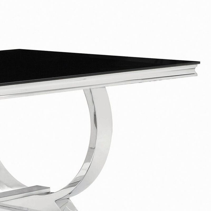 Dining Table with Glass Top and Trestle Base, Black and Chrome - Benzara image number 3