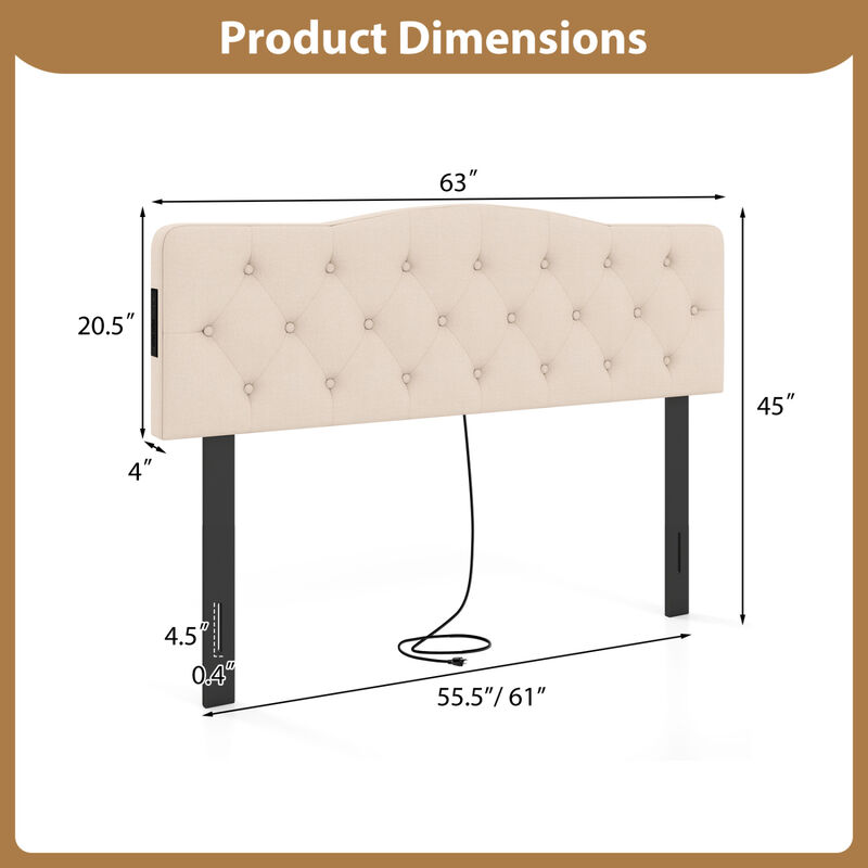 Upholstered Tufted Headboard for Full and Queen Beds with 2 Power Outlets image number 2