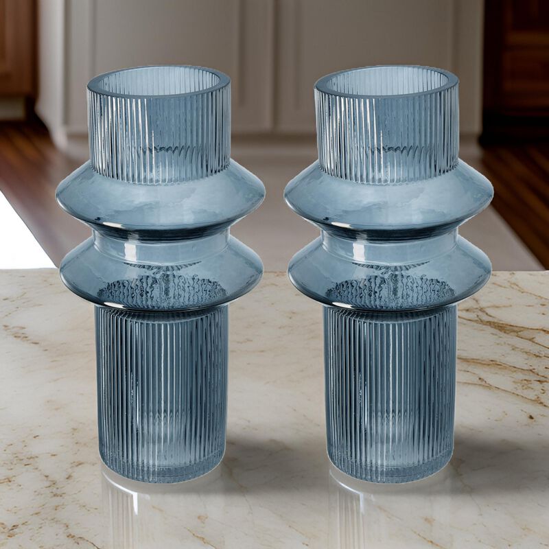 Rae Set of 2 Glass Vases, Tall Round Cylinders, Smokey Blue, Clear Finish-Benzara