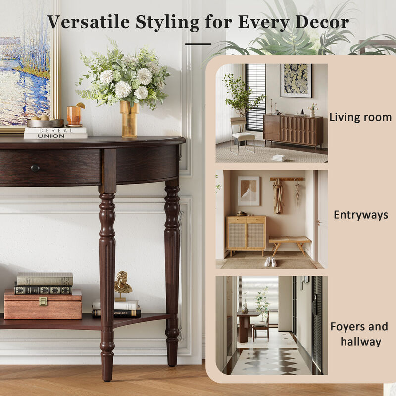 Merax Space-Saving Half-Moon Entryway Table with Storage Drawer & Lower Shelf image number 3