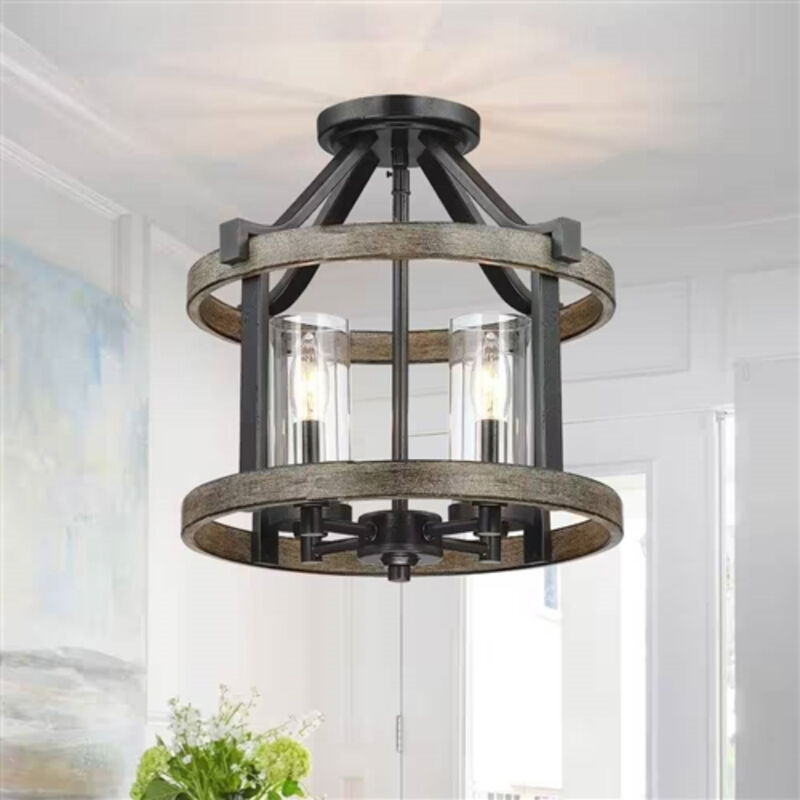 4-Light Farmhouse Ceiling Lamp with Round Metal and Wood Semi-Flush Mount Style