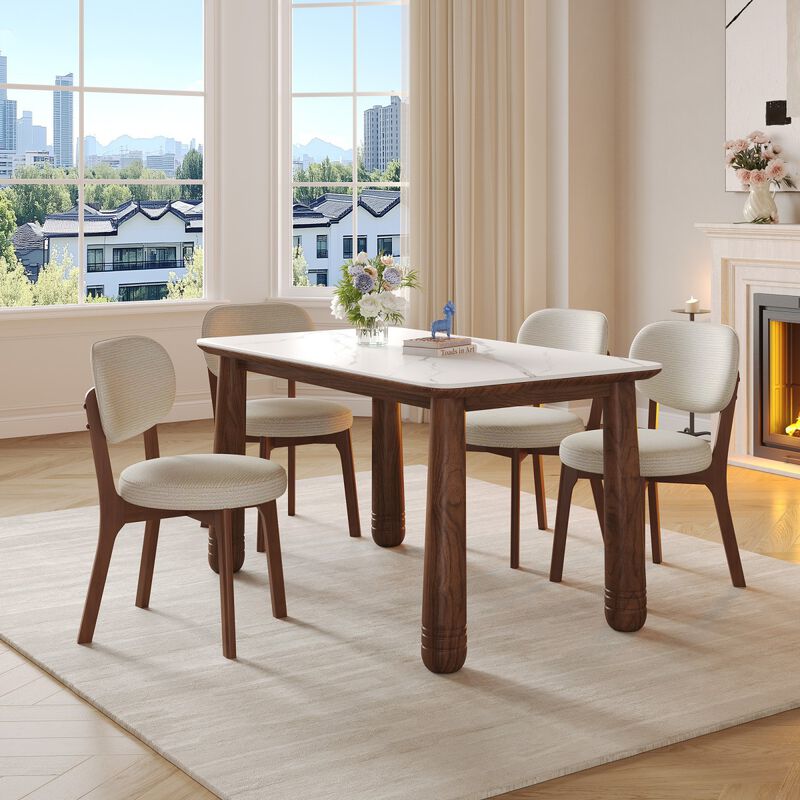 7 Piece Sintered Stone Dining Table Set with 6 Upholstered Chairs, rectangular solid wood dining set, farmhouse dining room furniture set image number 5
