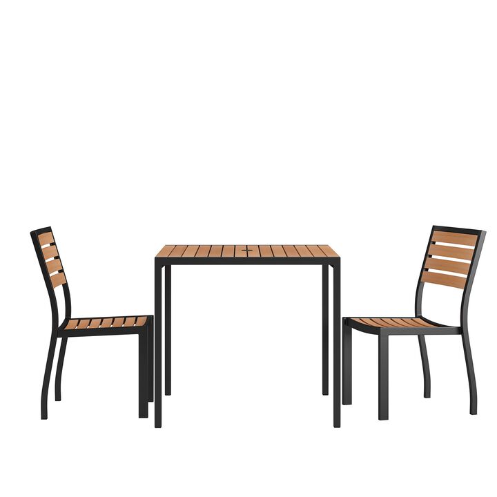 Flash Furniture Lark 3 Piece Patio Table Set - Synthetic Teak Poly Slats - 35" Square Steel Framed Table with 2 Faux Teak Chairs