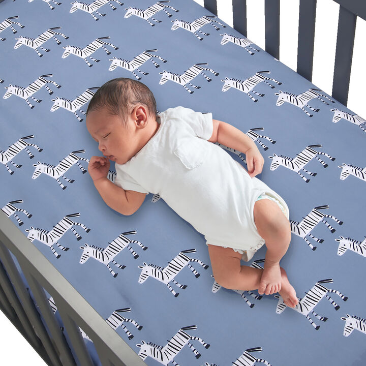 Lambs & Ivy Signature Zebra Blue Organic Cotton Breathable Fitted Crib Sheet