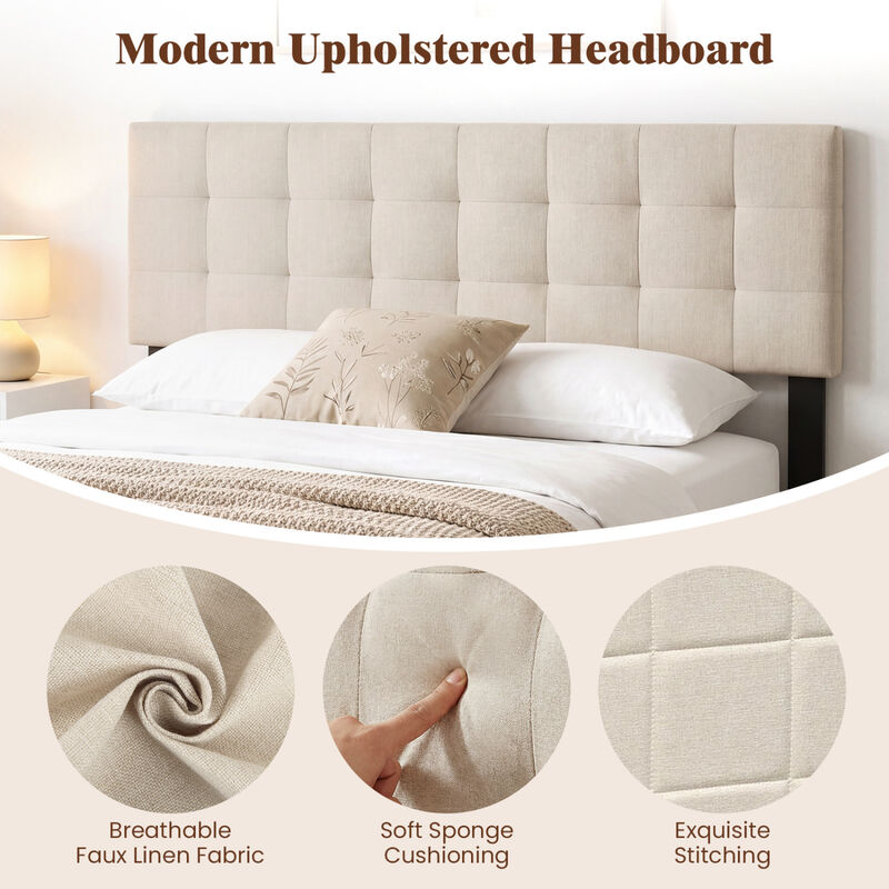 Queen and Full Size Quilted Grid Headboard with Upholstered Linen Fabric image number 3