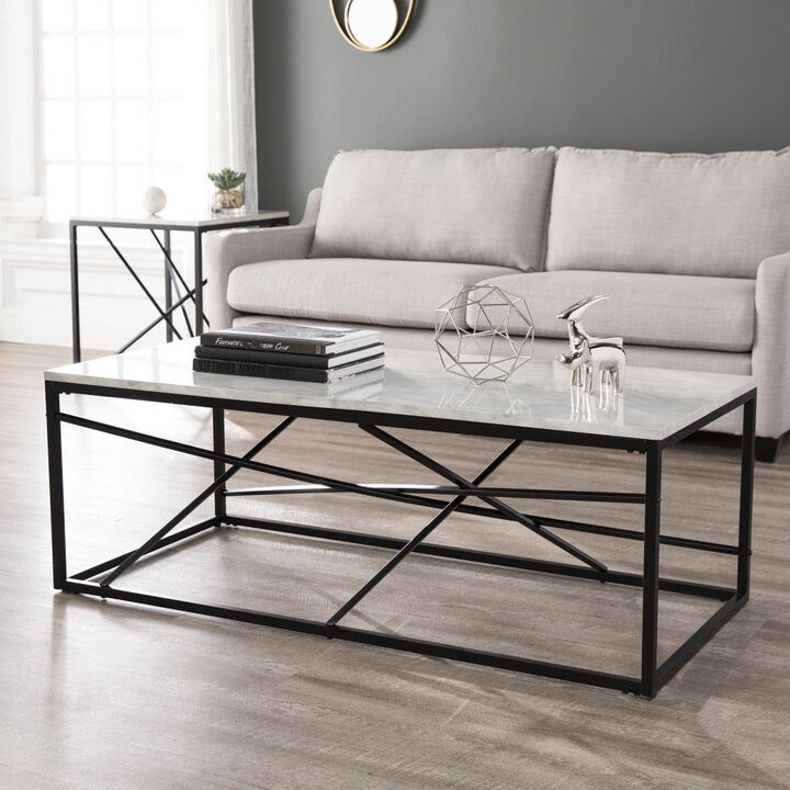 Homezia 50" Black And White Faux Marble and Metal Geo Rectangular Coffee Table