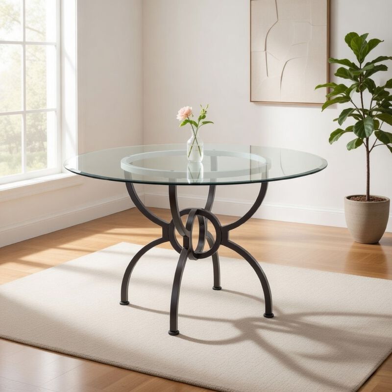 48 Inch Round Dining Table, Clear Glass Top, Interlocked Ring Motif Legs image number 7