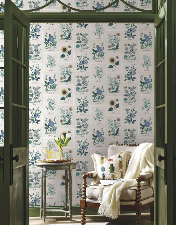 Botanical Prints White & Blue Wallpaper