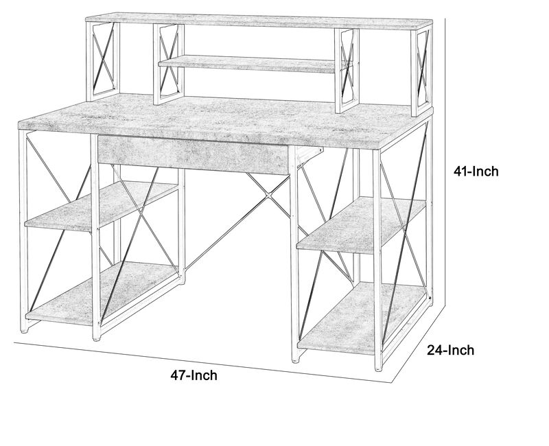 Metal Desk with 4 Open Bottom Shelves and Bookcase Hutch, Gray and Black