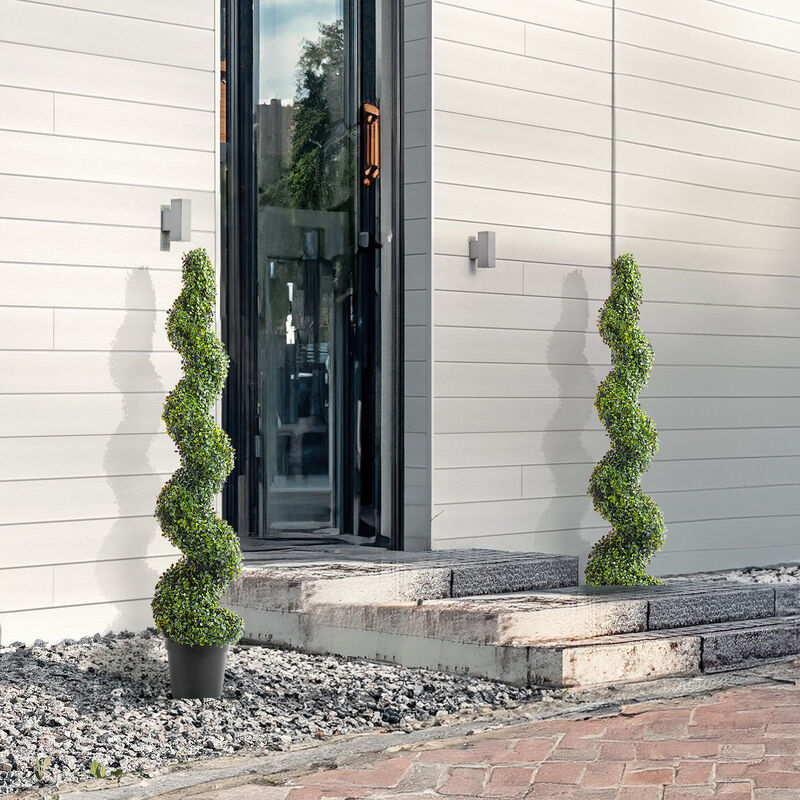 Faux Spiral Topiary Trees Set of 2 with Extra Leaves, Decorative Pots, UV Rated image number 1