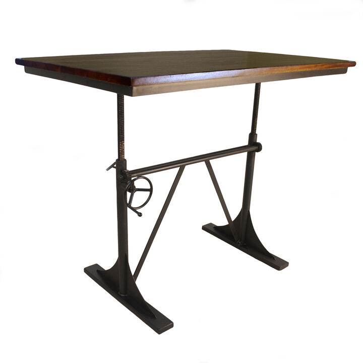 HomeRoots Adjustable Height Brown and Black Solid Wood and Iron Writing Desk