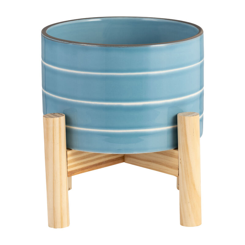 Striped Planter W/ Wood Stand image number 1