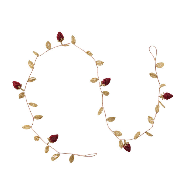 Glass Beaded Strawberry & Leaf Garland with Iron Wire, Red and Gold