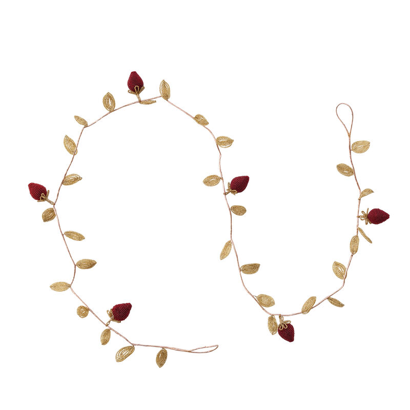 Glass Beaded Strawberry & Leaf Garland with Iron Wire, Red and Gold image number 0