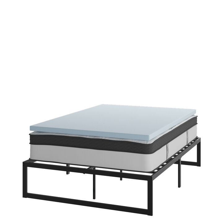Leo 14 Inch Metal Platform Bed Frame with 12 Inch Pocket Spring Mattress in a Box and 2 Inch Cool Gel Memory Foam Topper - Full