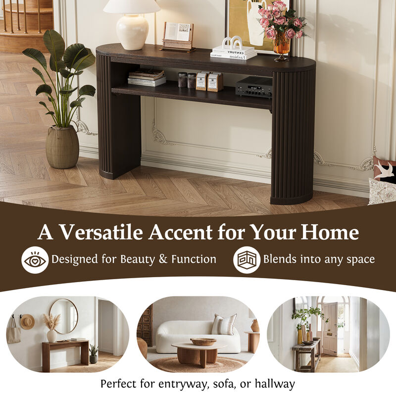 Merax Farmhouse Oval Ash Veneer Console Table with Fluted Legs & Open Lower Storage Shelf image number 4