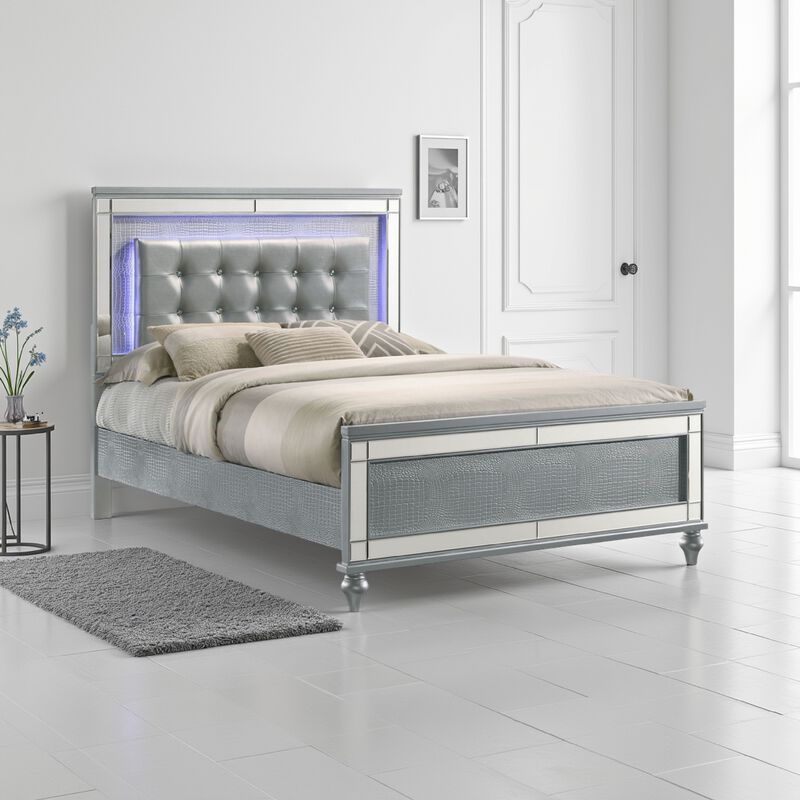 Lee Queen Size Bed, LED, Tufted Faux Leather Upholstery, Textured Silver - Benzara