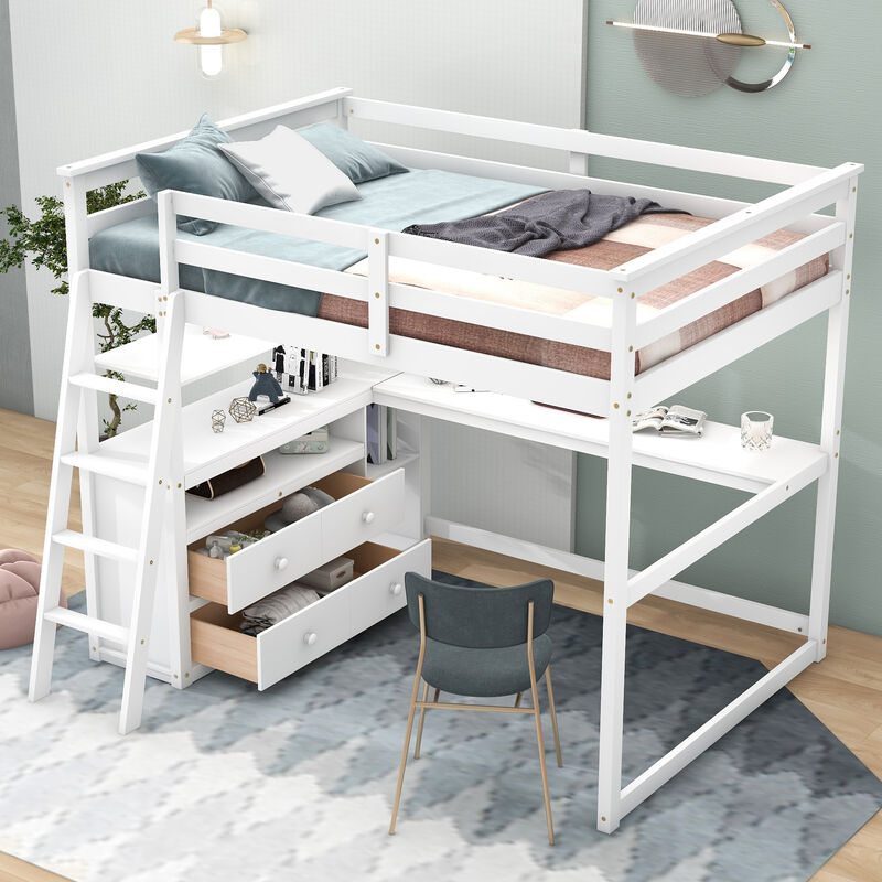 Whisen Full Size Wood Loft Bed with Desk, Shelves and Two Built-in Drawers - Gray