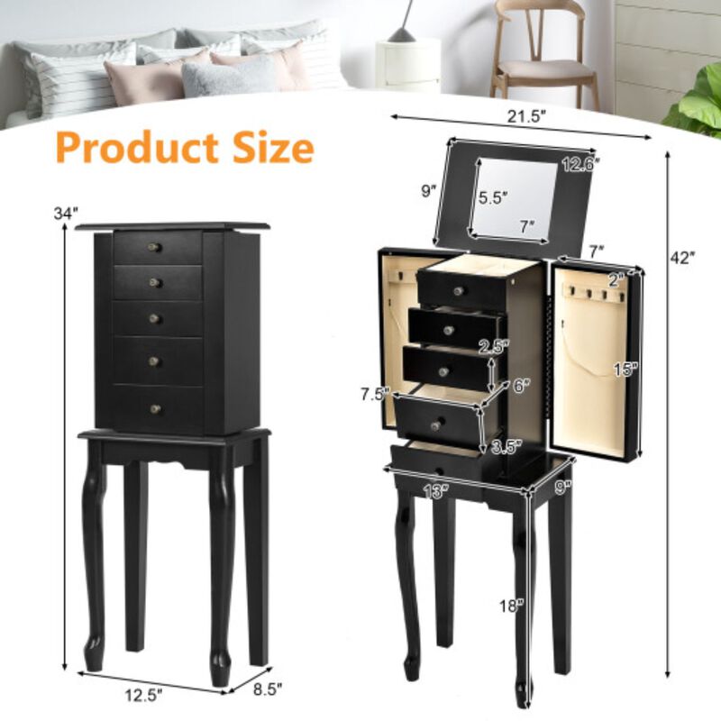 2 Colors Armoire Storage Standing Jewelry Cabinet with Mirror-Black